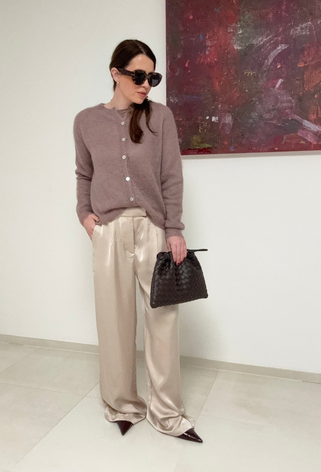 Dünne Mohair-Strickjacke - Taupe