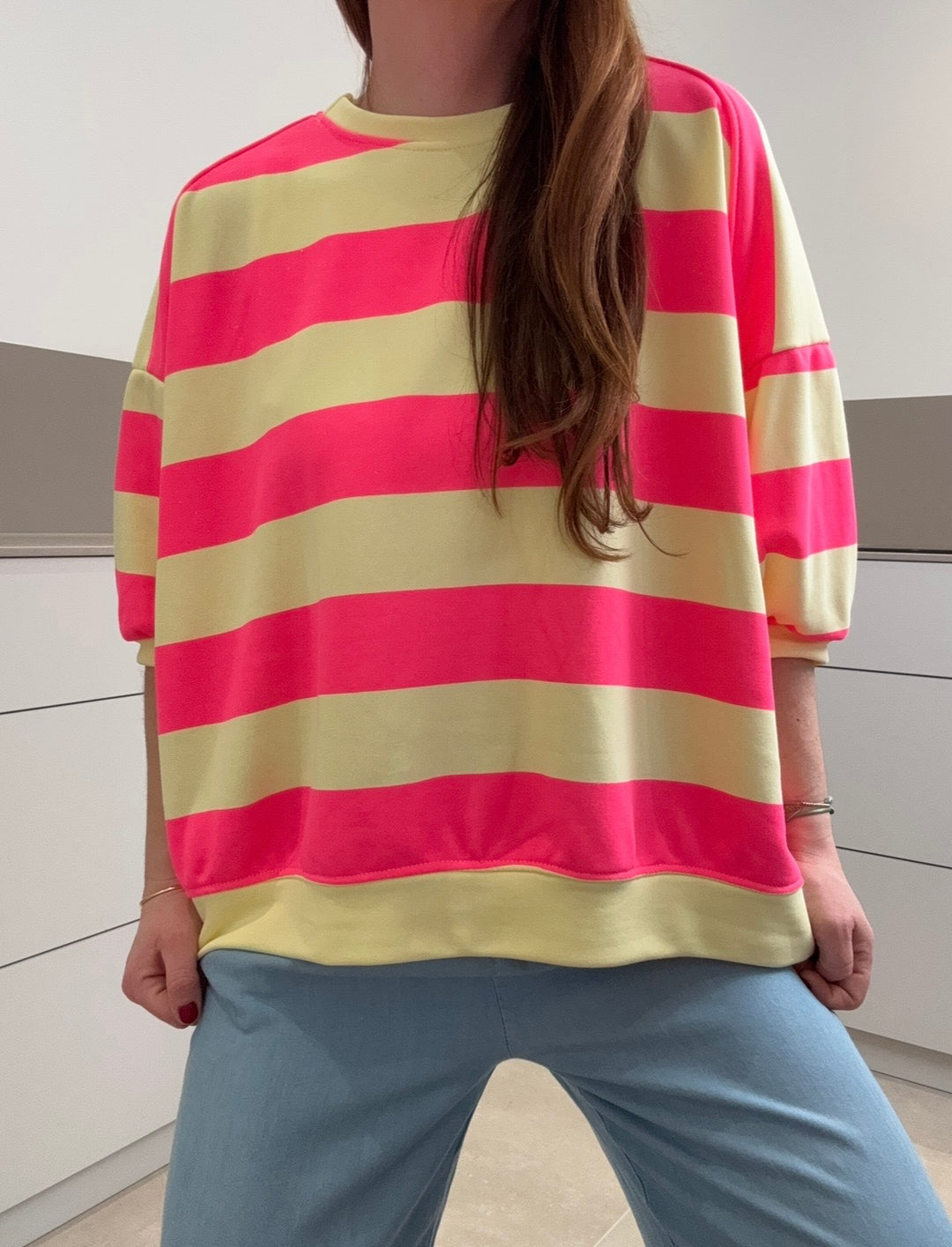 Sweater kurzarm gestreift - Gelb/Pink