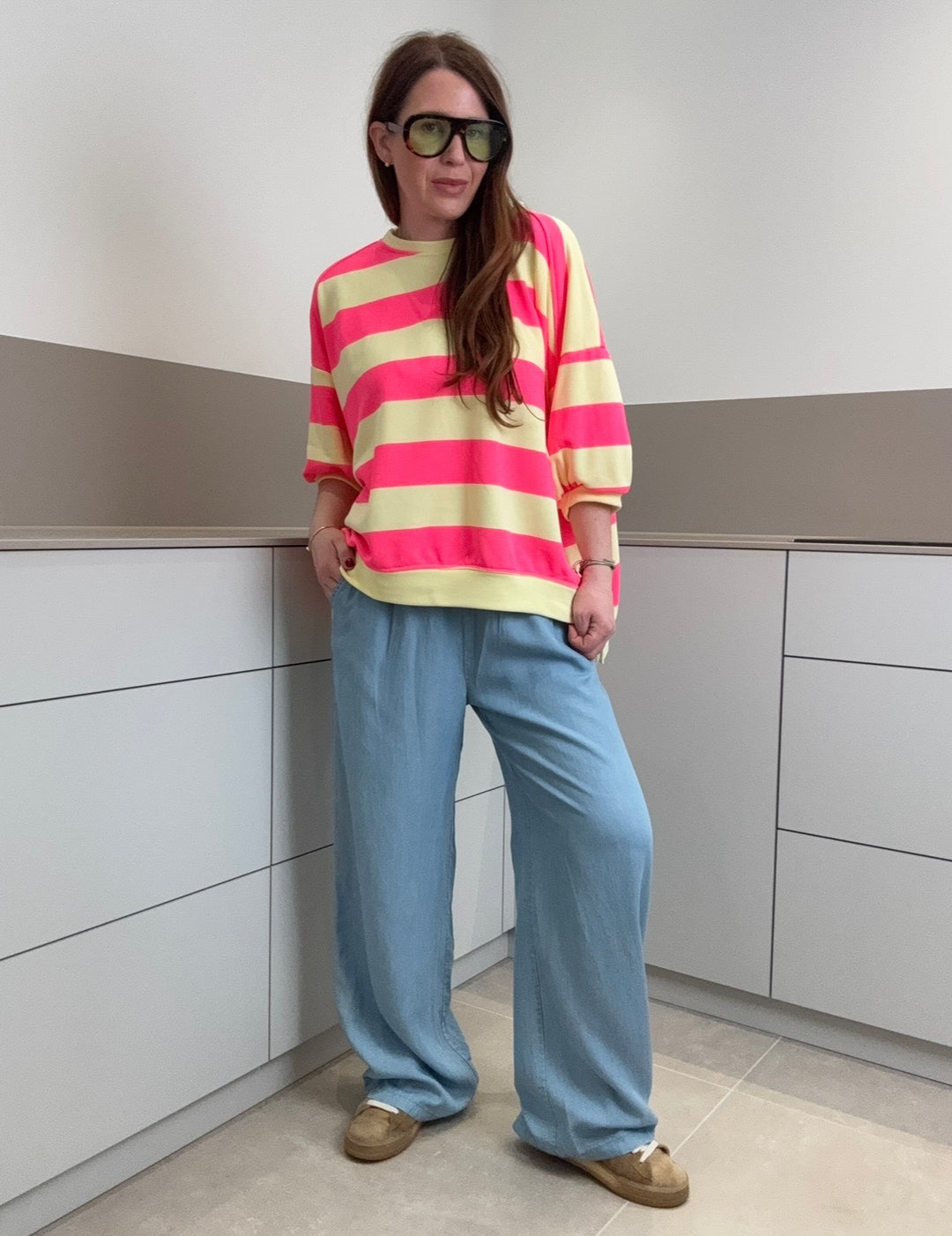 Sweater kurzarm gestreift - Gelb/Pink