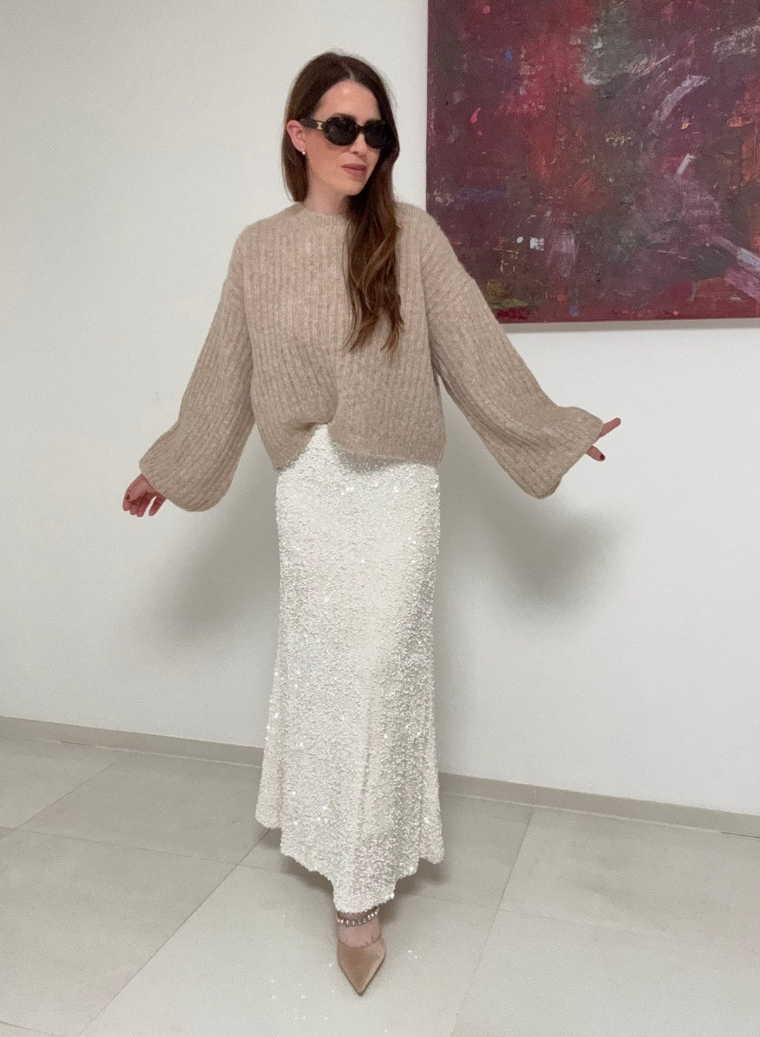 Verkürzter Pullover - Beige