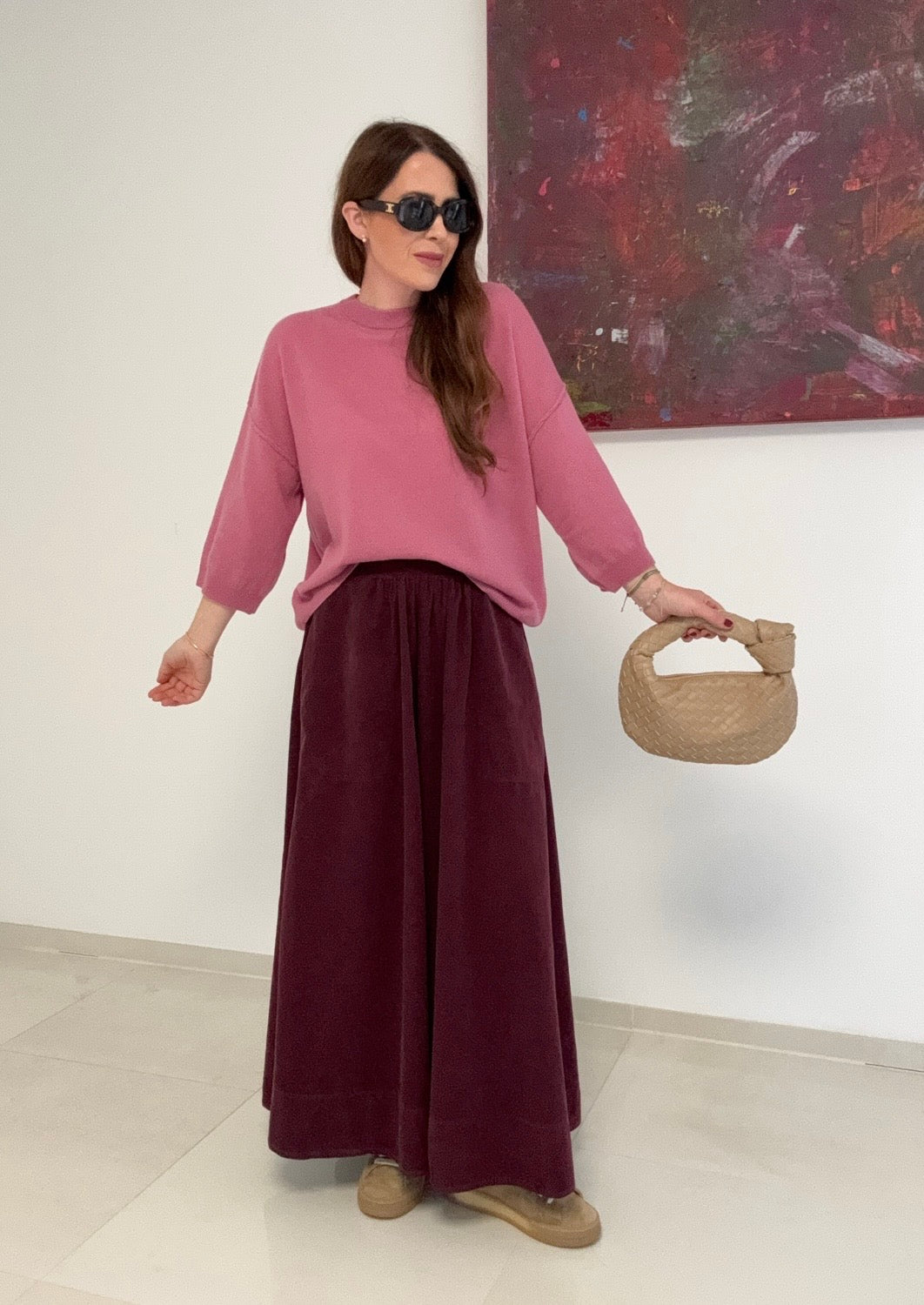 Kaschmir-Pullover mit verkürztem Arm - Beerenton