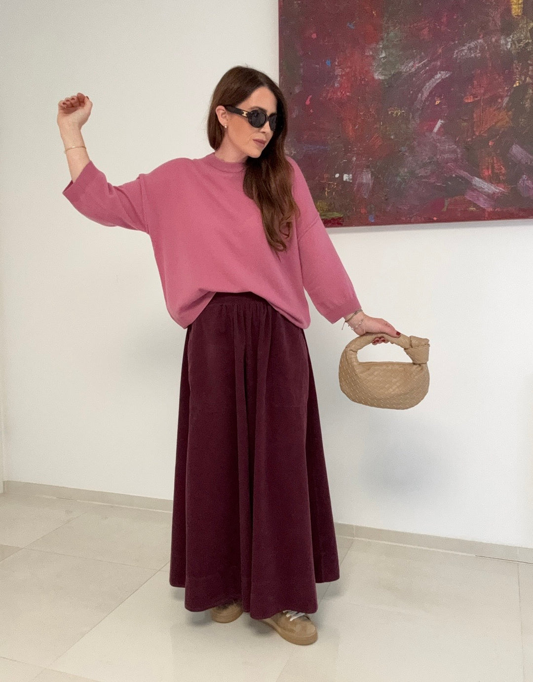 Kaschmir-Pullover mit verkürztem Arm - Beerenton