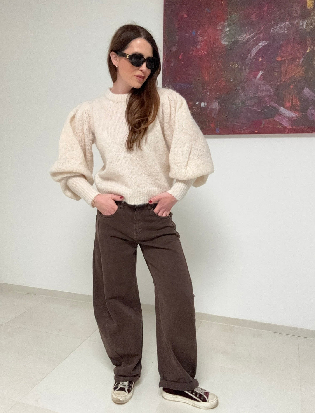 Pullover mit ausgestelltem Arm - Creme