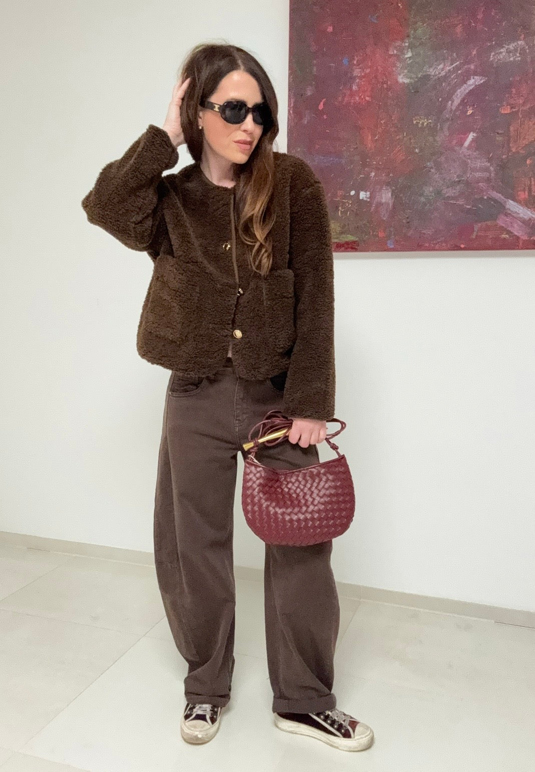 Verkürzte Teddyjacke - Braun