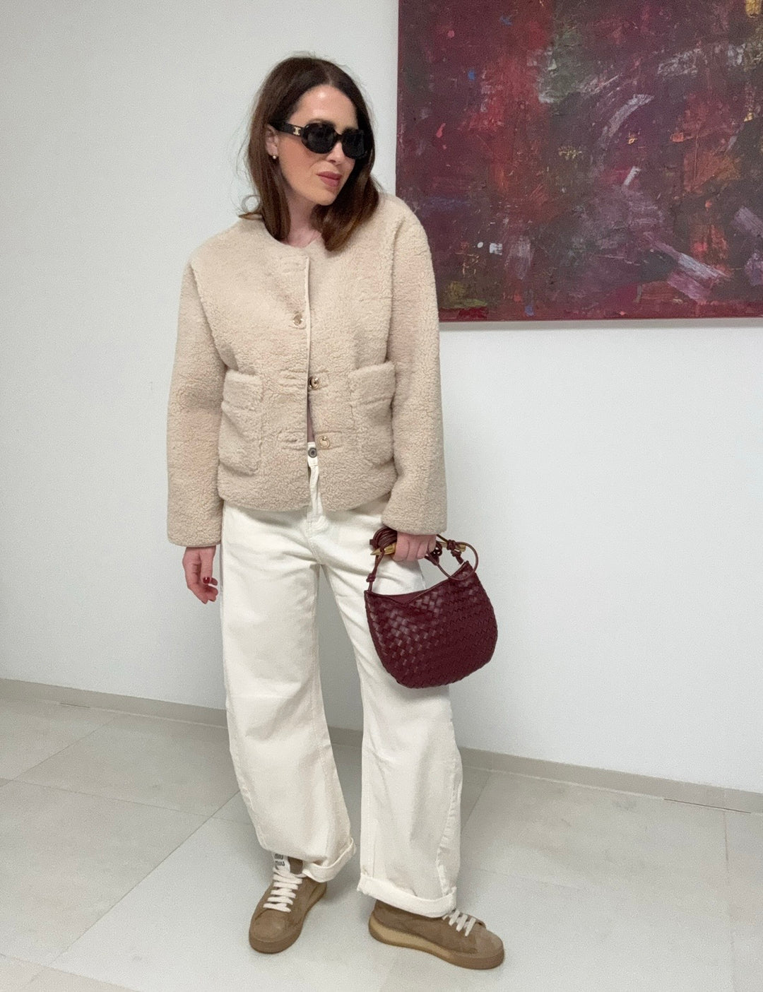 Verkürzte Teddyjacke - Creme