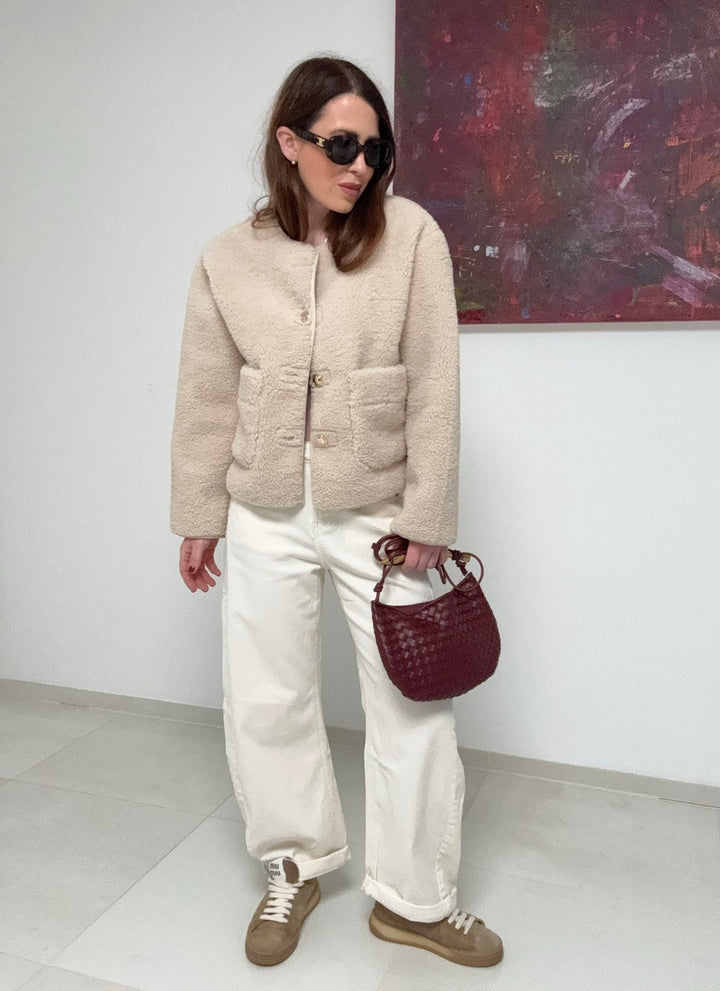 Verkürzte Teddyjacke - Creme