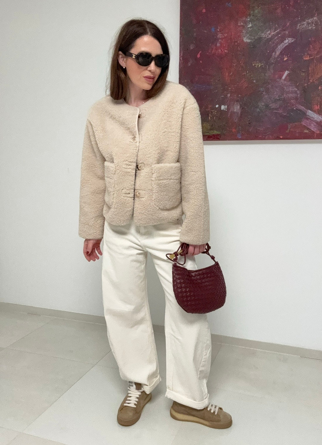 Verkürzte Teddyjacke - Creme