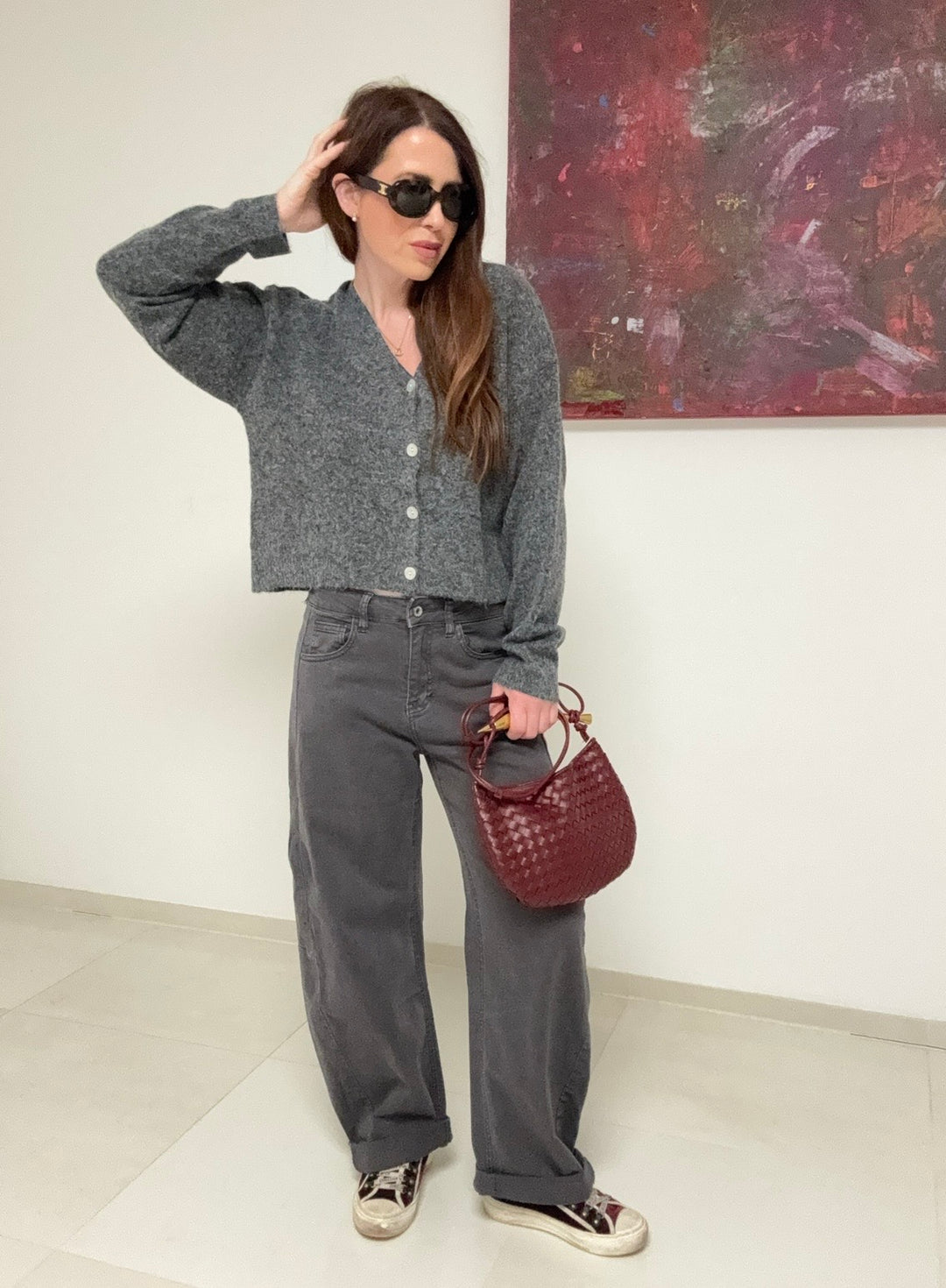 Verkürzter Cardigan - Grau