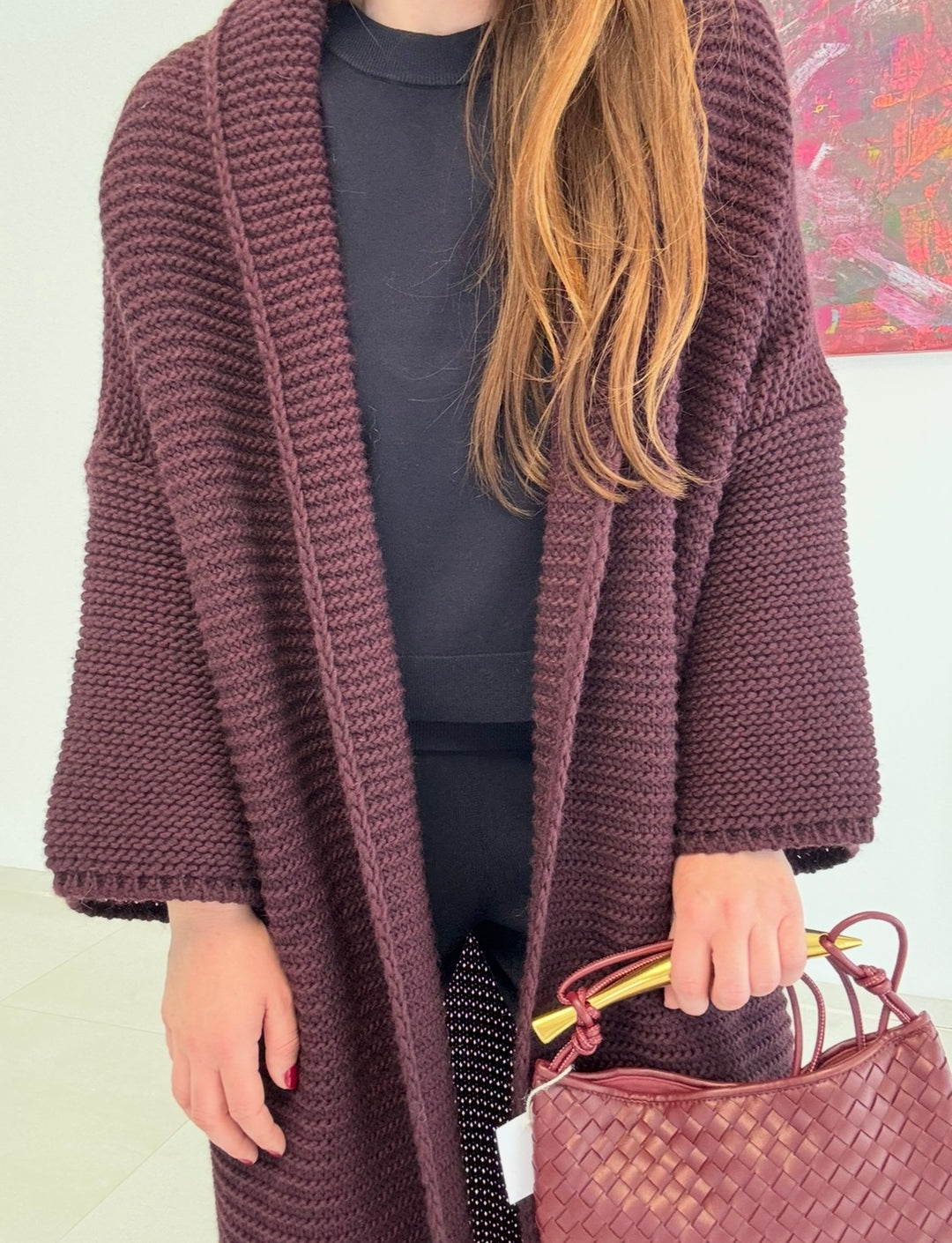 Grobe Oversize-Strickjacke - Burgunder