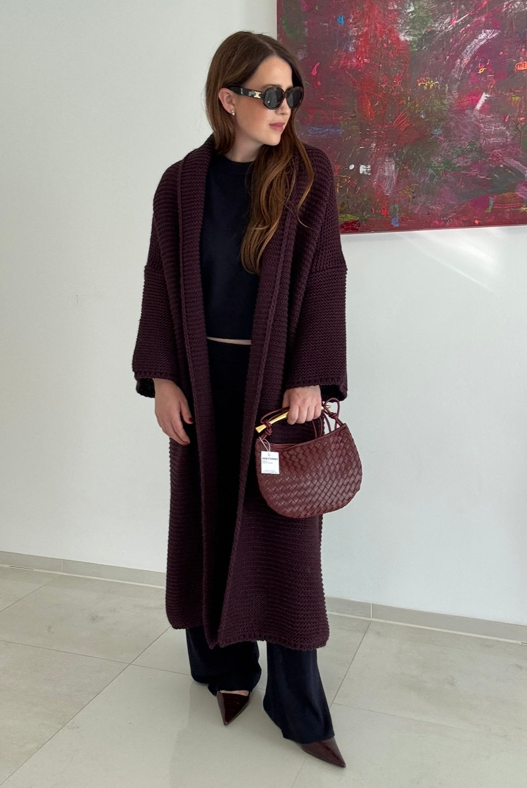 Grobe Oversize-Strickjacke - Burgunder