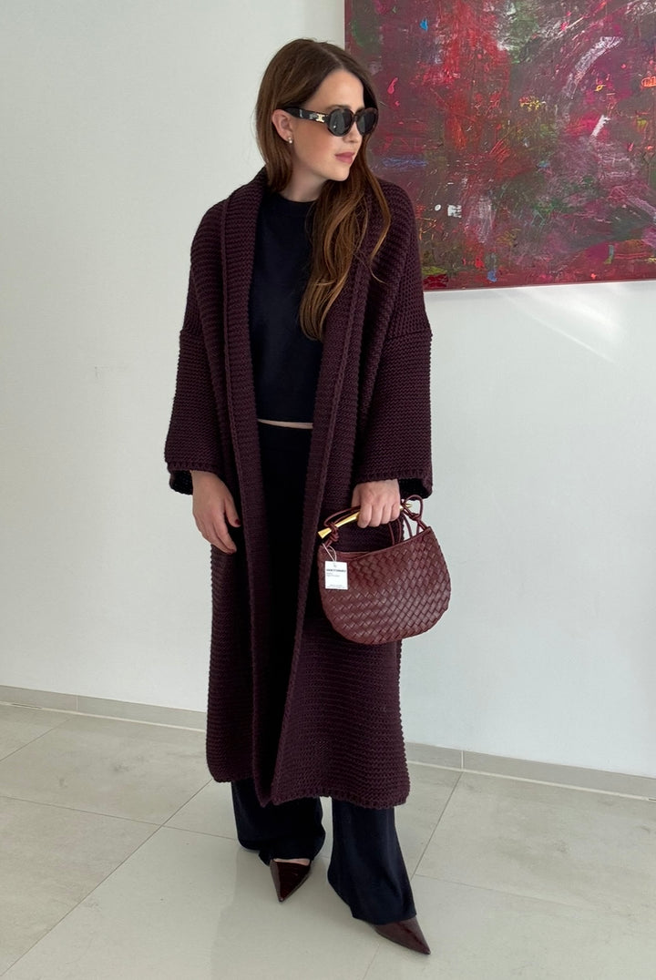 Grobe Oversize-Strickjacke - Burgunder