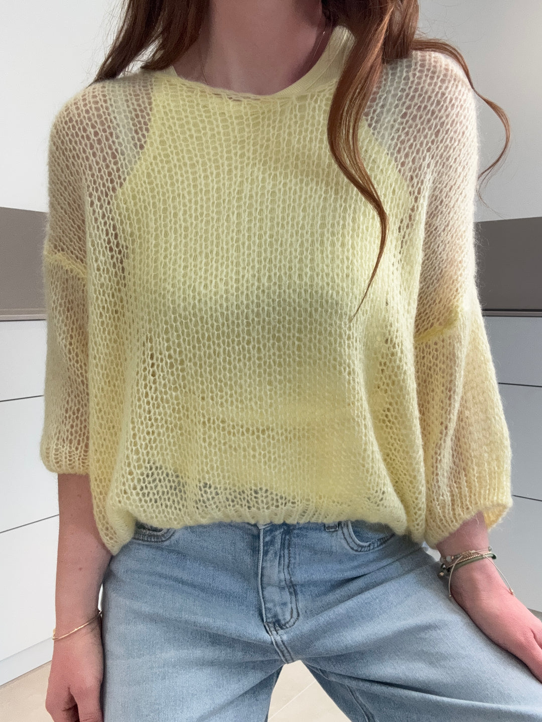 Grobstrickpullover kurzarm - Gelb