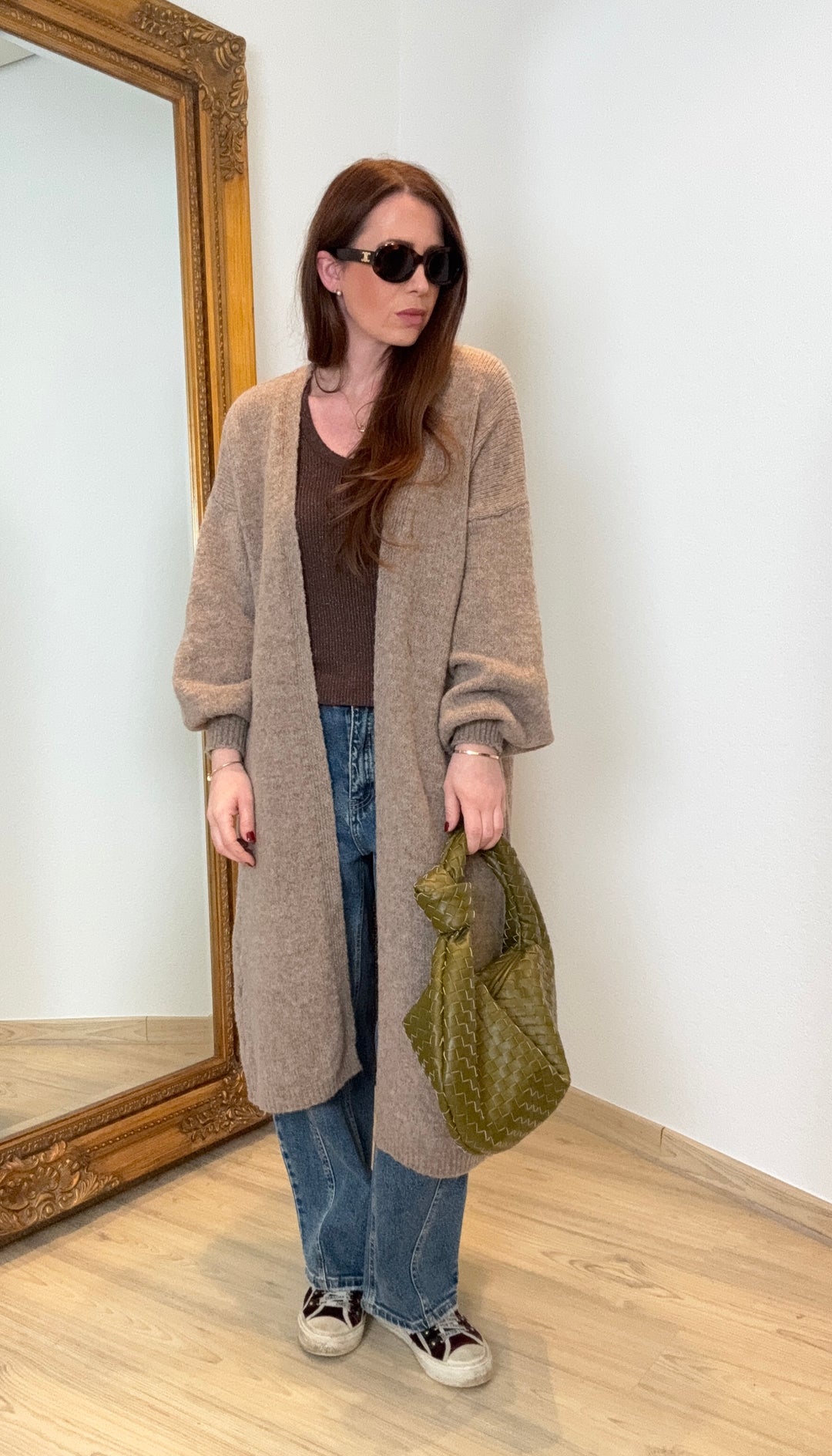 Lange Strickjacke - Beige