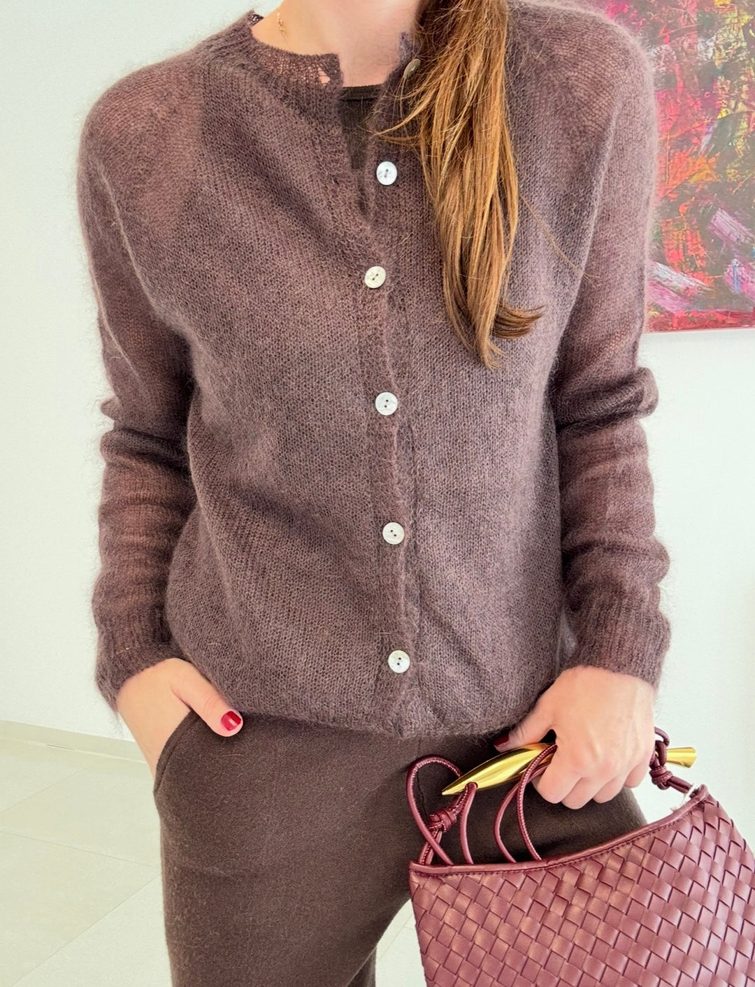 Dünne Mohair-Strickjacke - Braun