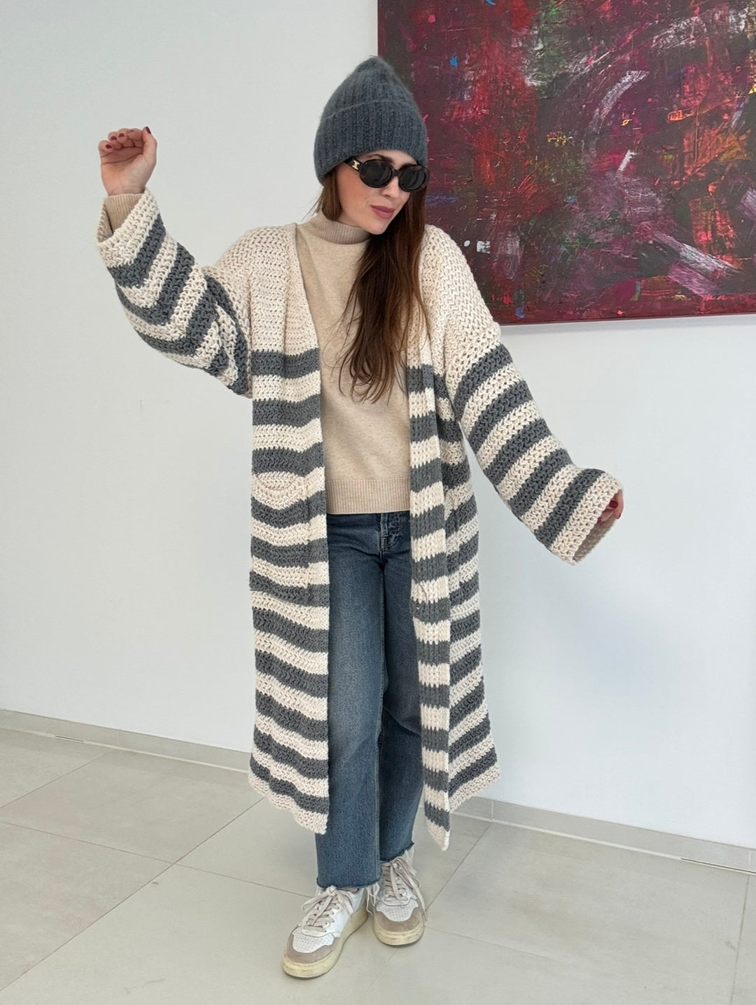 Gestreifter Cardigan - Grau