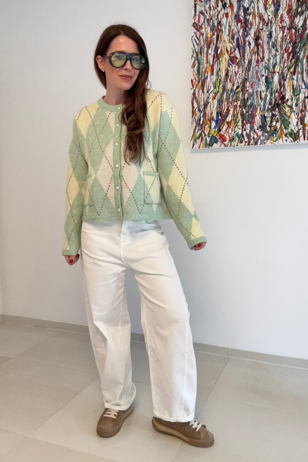 Cardigan mit Rauten - Gelb/Grün