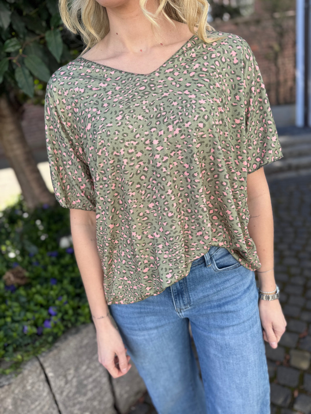 Viskose-Shirt mit Print - Grün