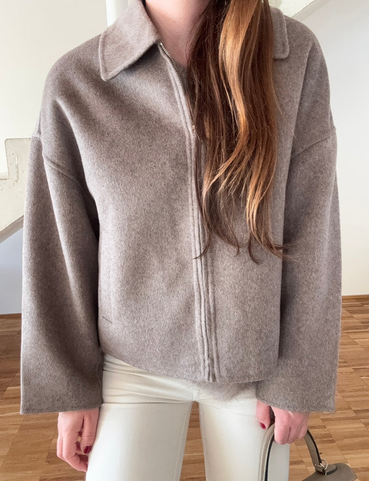 Wolljacke mit Reißverschluss - Taupe
