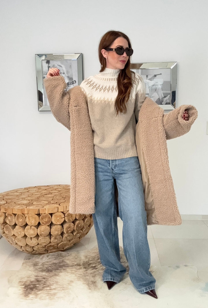 Rollkragenpullover mit Print - Beige