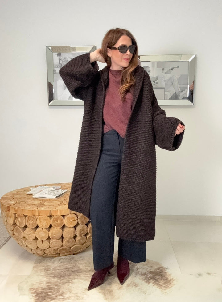 Grobe Oversize-Strickjacke - Dunkelbraun