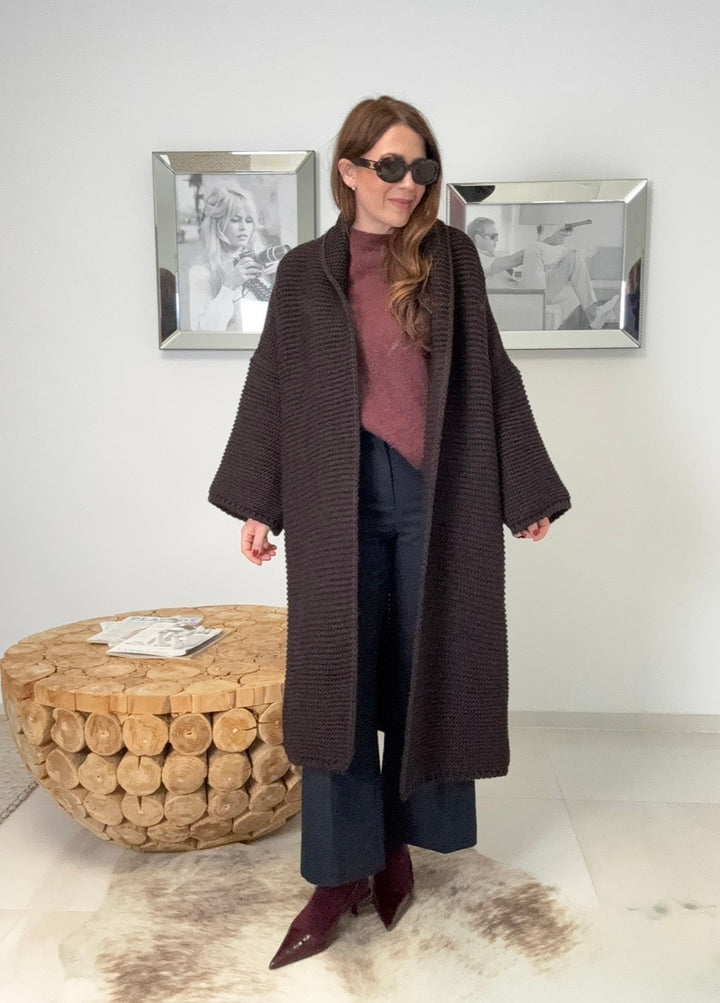 Grobe Oversize-Strickjacke - Dunkelbraun