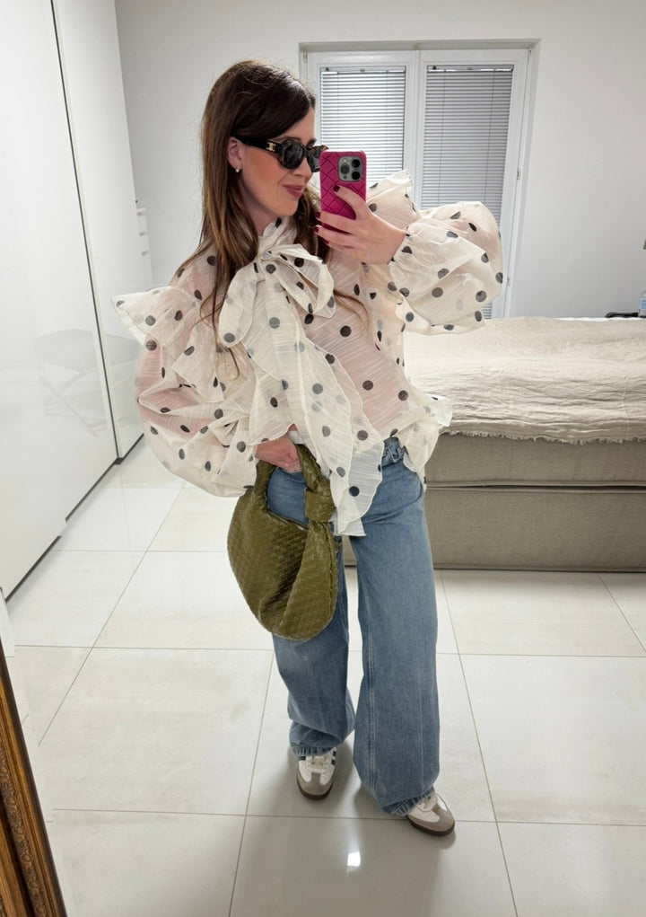 Oversize Bluse mit Punkten - Beige