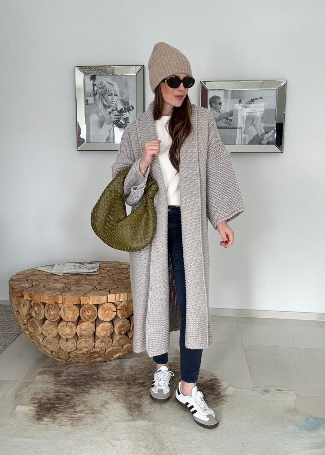 Grobe Oversize-Strickjacke - Taupe