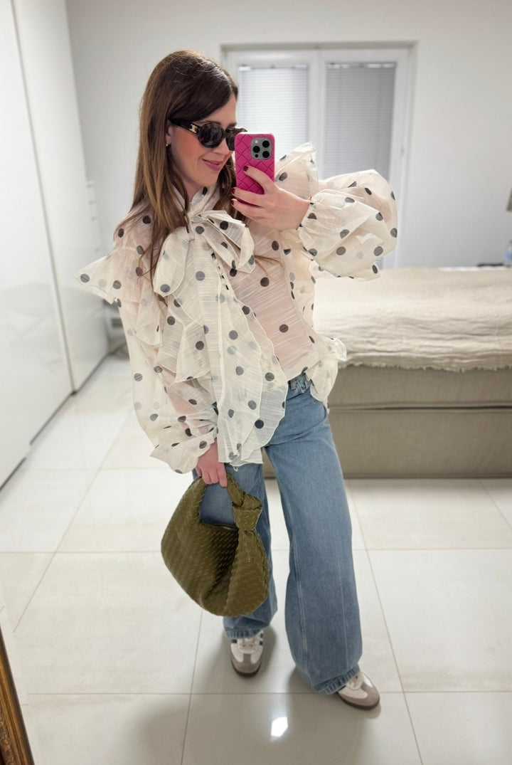 Oversize Bluse mit Punkten - Beige