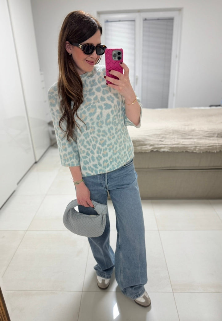 Strickshirt mit Print - Hellblau